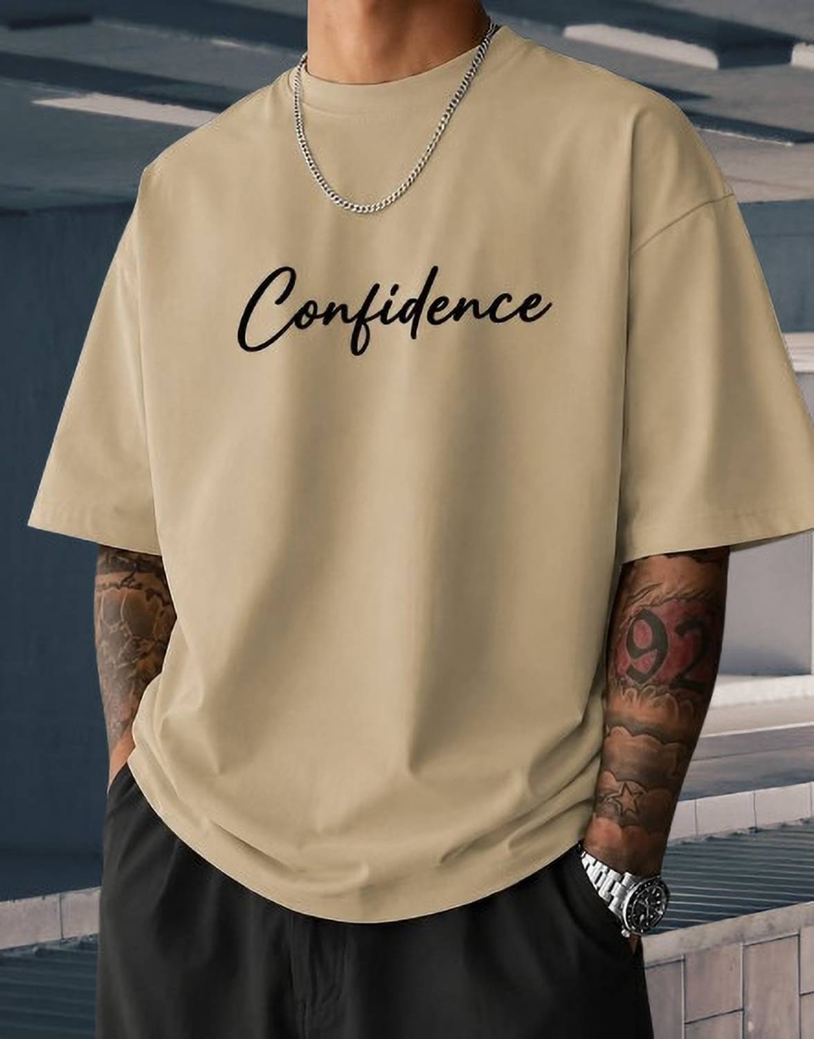 DAM HOOVER Typography Beige T-Shirt - Image 1