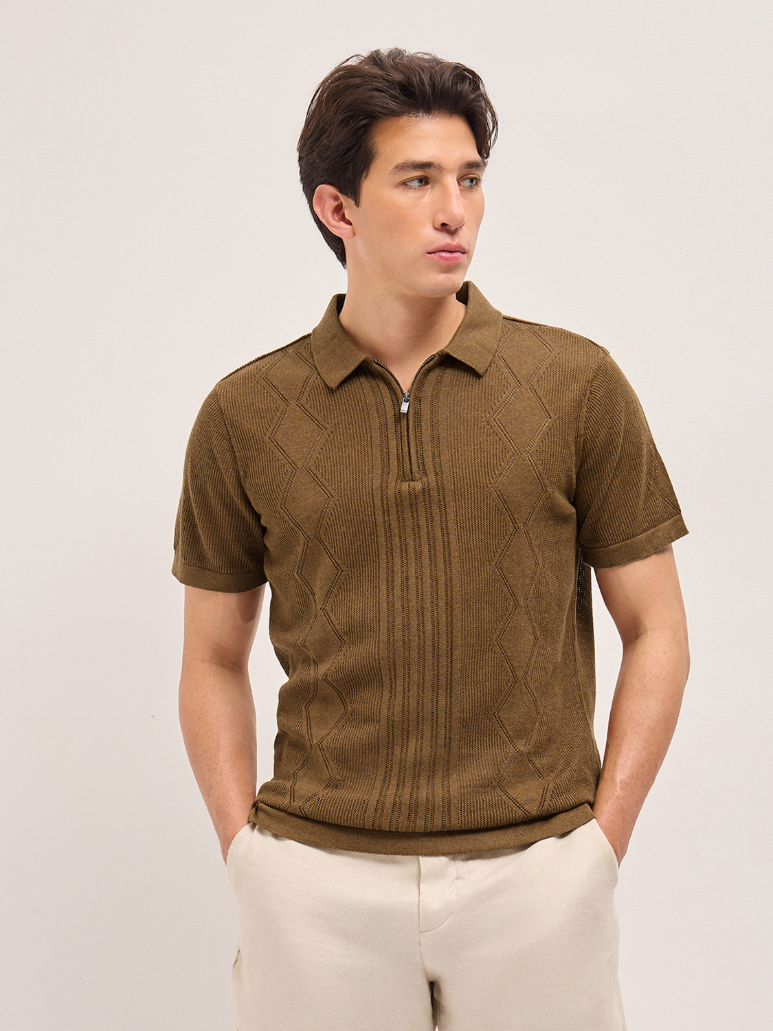 Image of THE BEAR HOUSE Self Design Men Polo Neck Brown T-Shirt