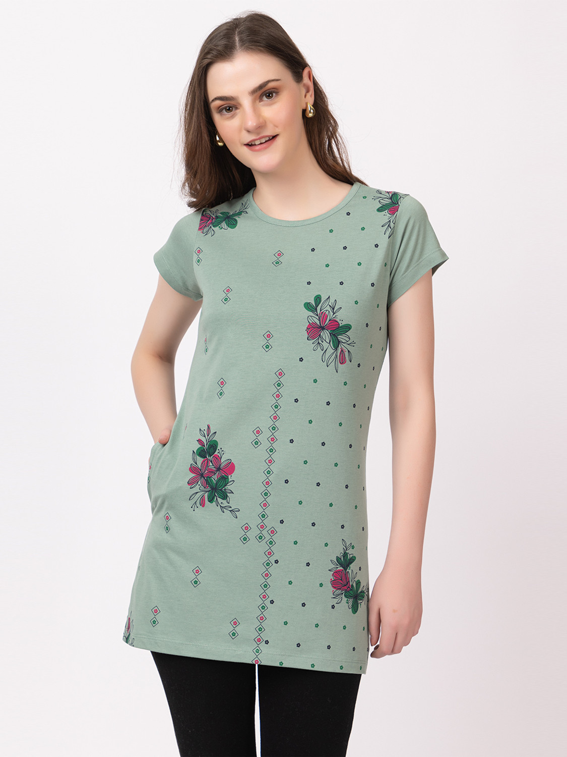 Image of Star Touch Printed Women Round Neck Light Green T-Shirt