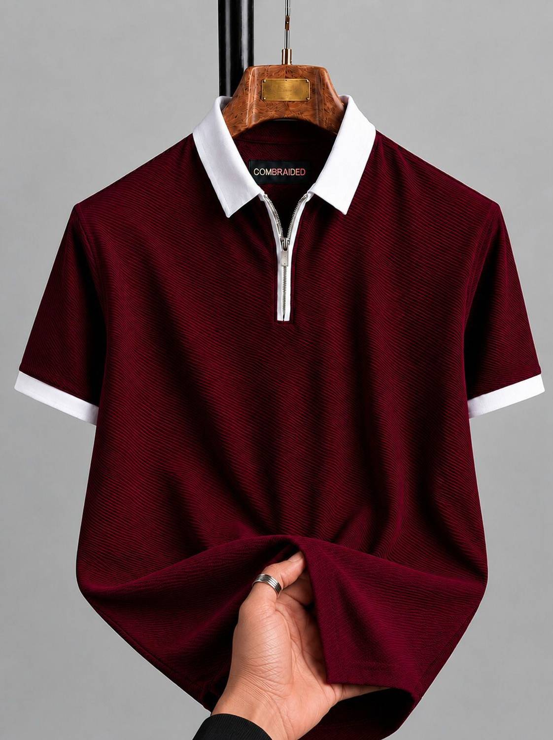 COMBRAIDED Men Polo Neck Maroon T-Shirt