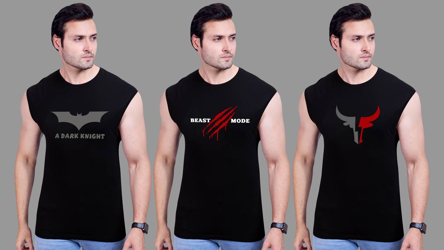 I&D Pack of 3 Men Graphic Print Round Neck Pure Cotton Black T-Sh