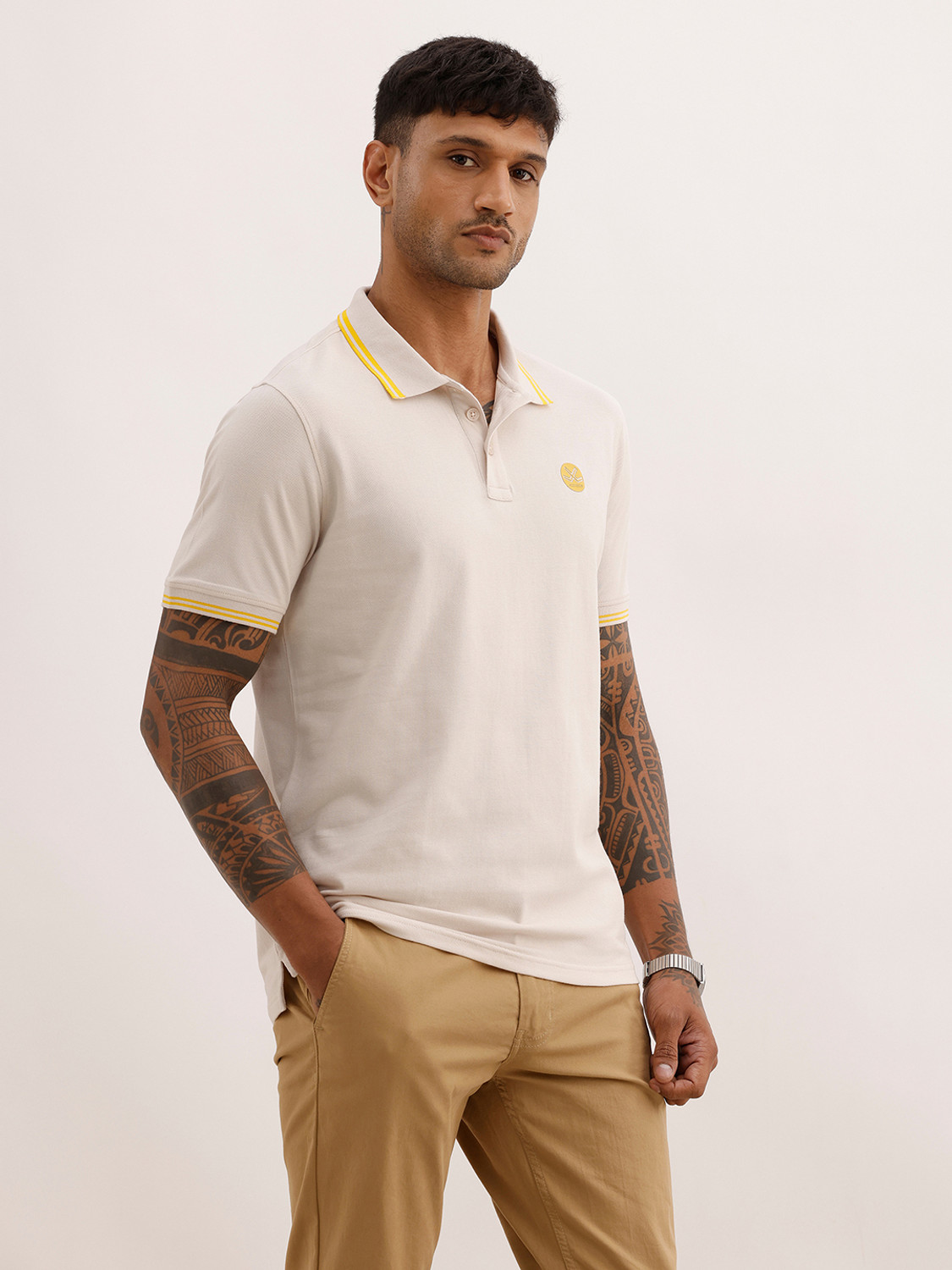 Image of WROGN Solid Men Polo Neck Beige T-Shirt