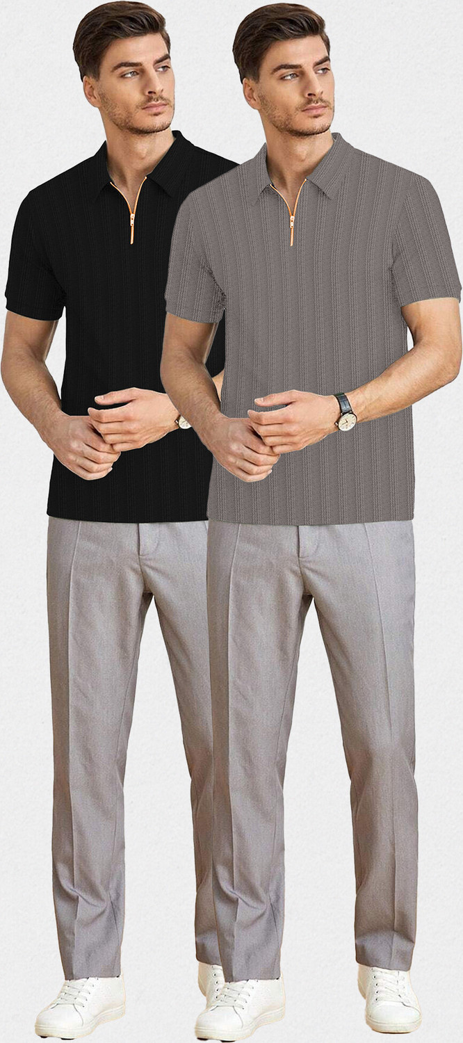 Image of KAJARU Self Design Men Zip Neck Black, Grey T-Shirt