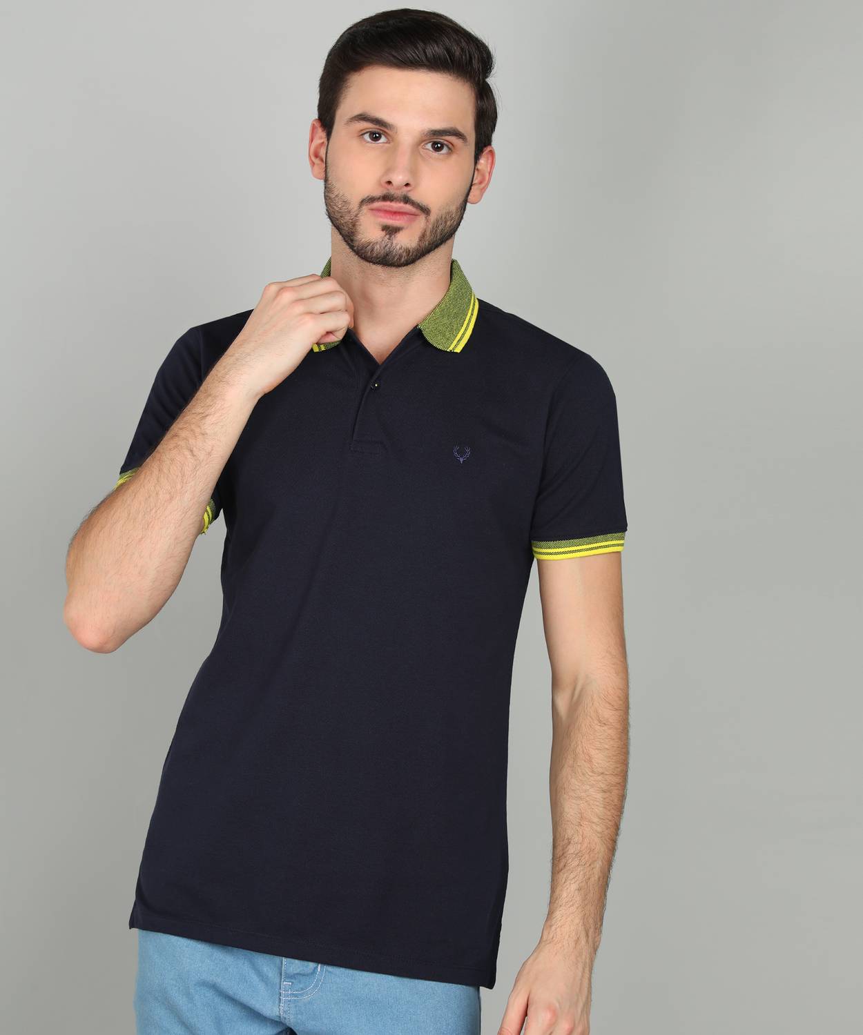 Allen Solly Men Solid Polo Neck Cotton Blend Blue T-Shirt
