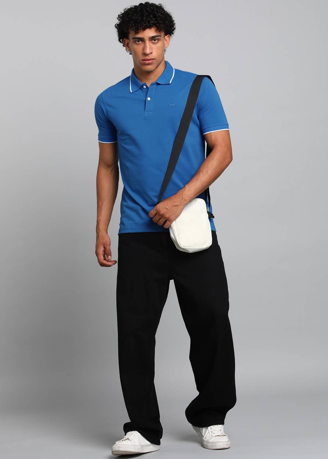 PARK AVENUE Men Solid Polo Neck Cotton Blend Blue T-Shirt