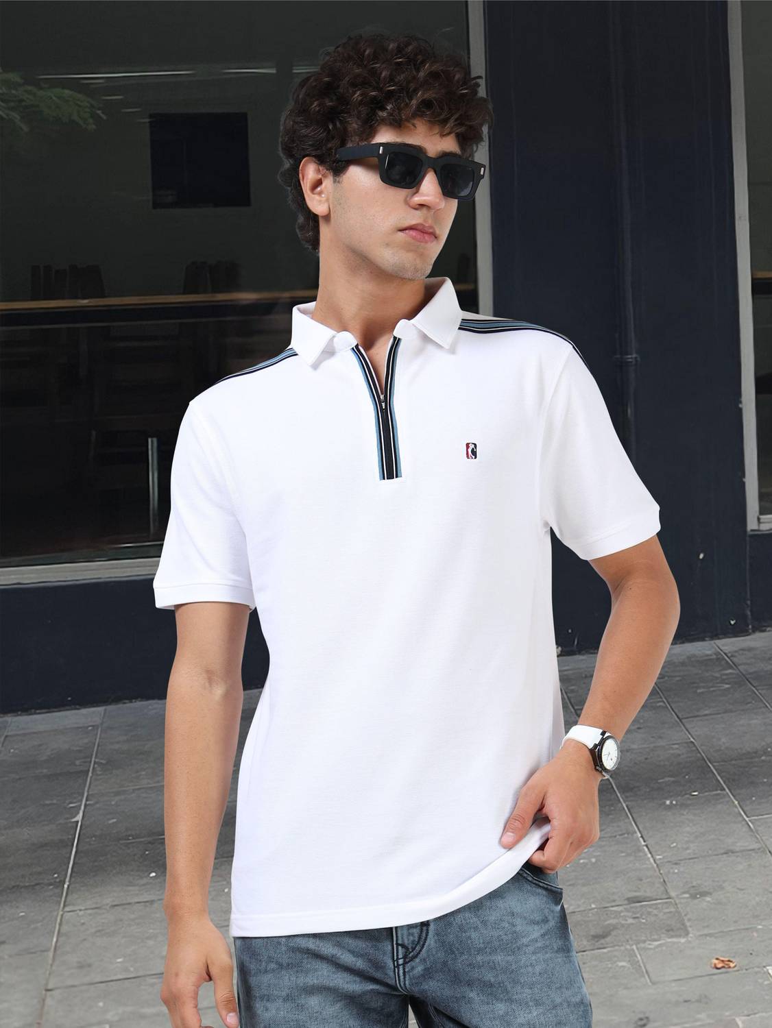 Stellers Men Solid Polo Neck Cotton Blend White T-Shirt