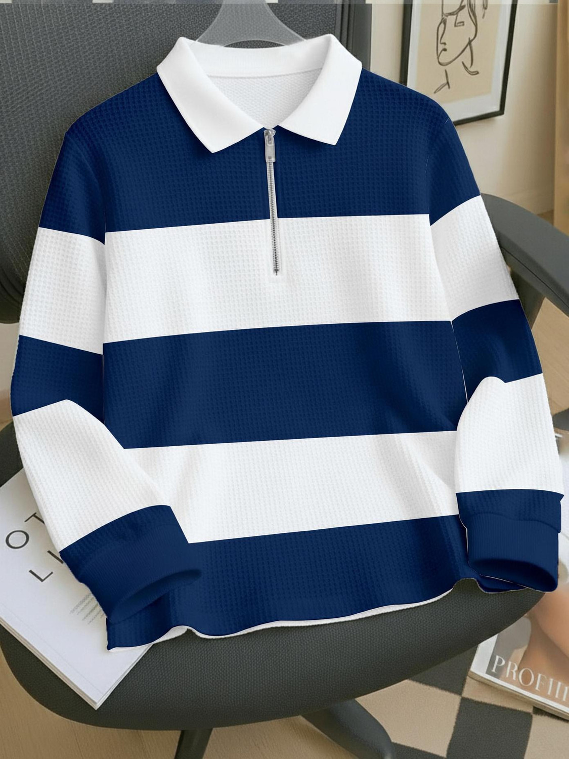 Image of AOOSH Colorblock Men Zip Neck Blue, White T-Shirt