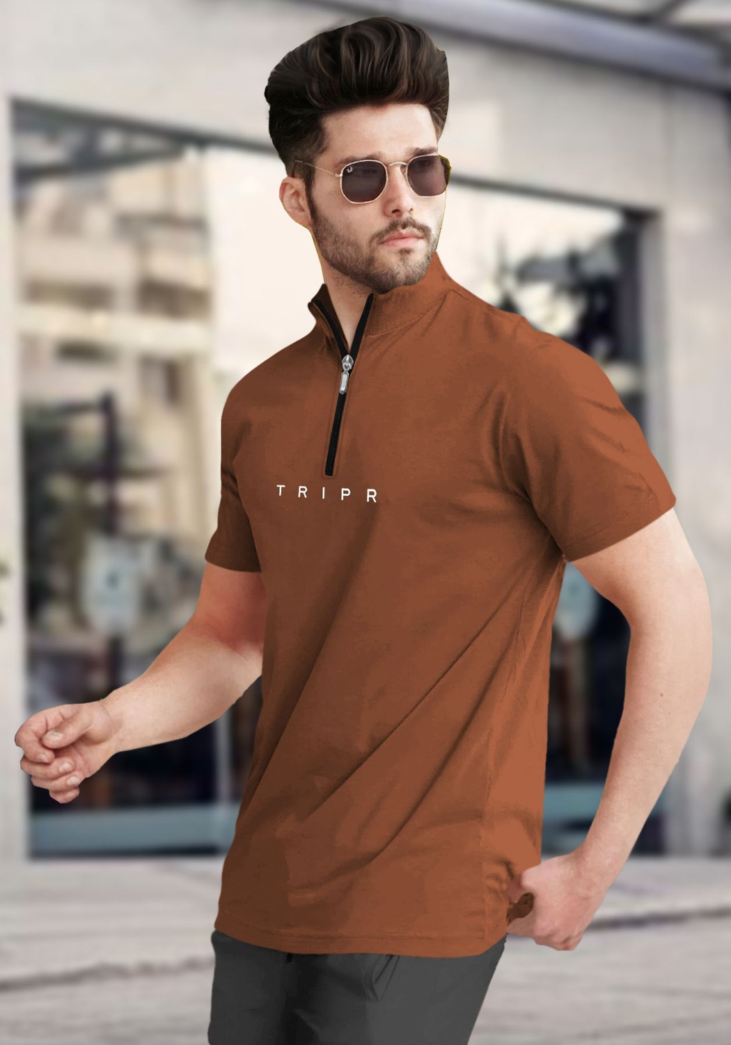 Image of TRIPR Printed Men Mandarin Collar Brown T-Shirt