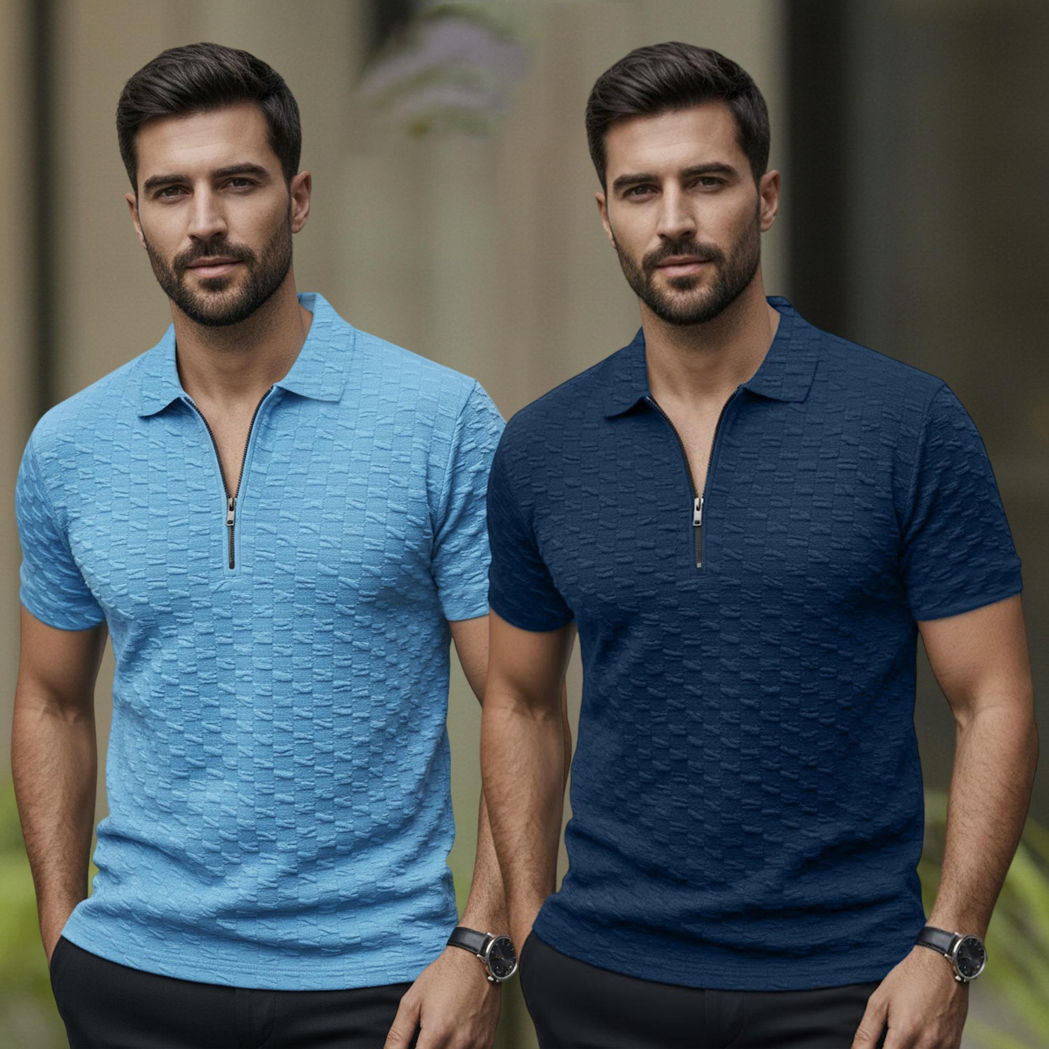 METRONAUT Solid Men Zip Neck Light Blue, Blue T-Shirt