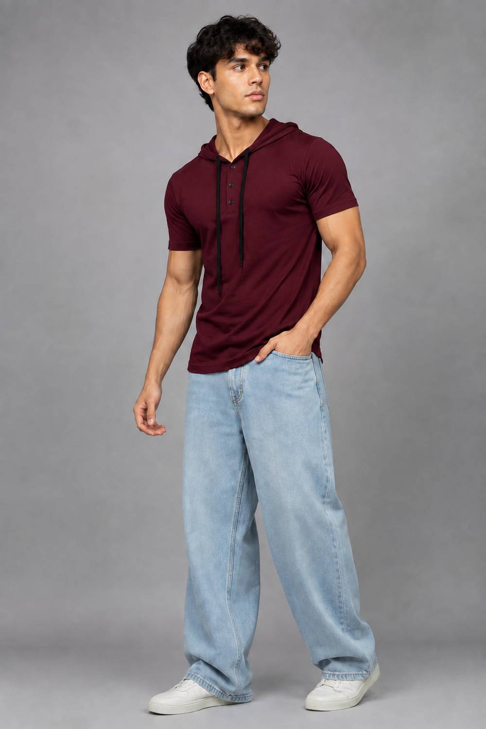 Tanushk Solid Men Hooded Neck Maroon T-Shirt