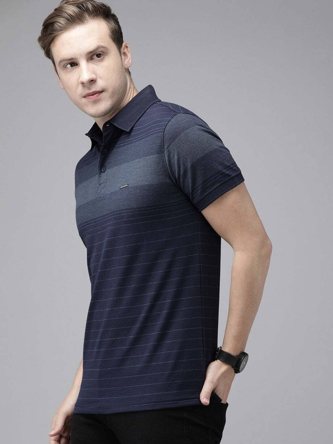 THE BEAR HOUSE Men Striped Polo Neck Cotton Blend Blue T-Shirt