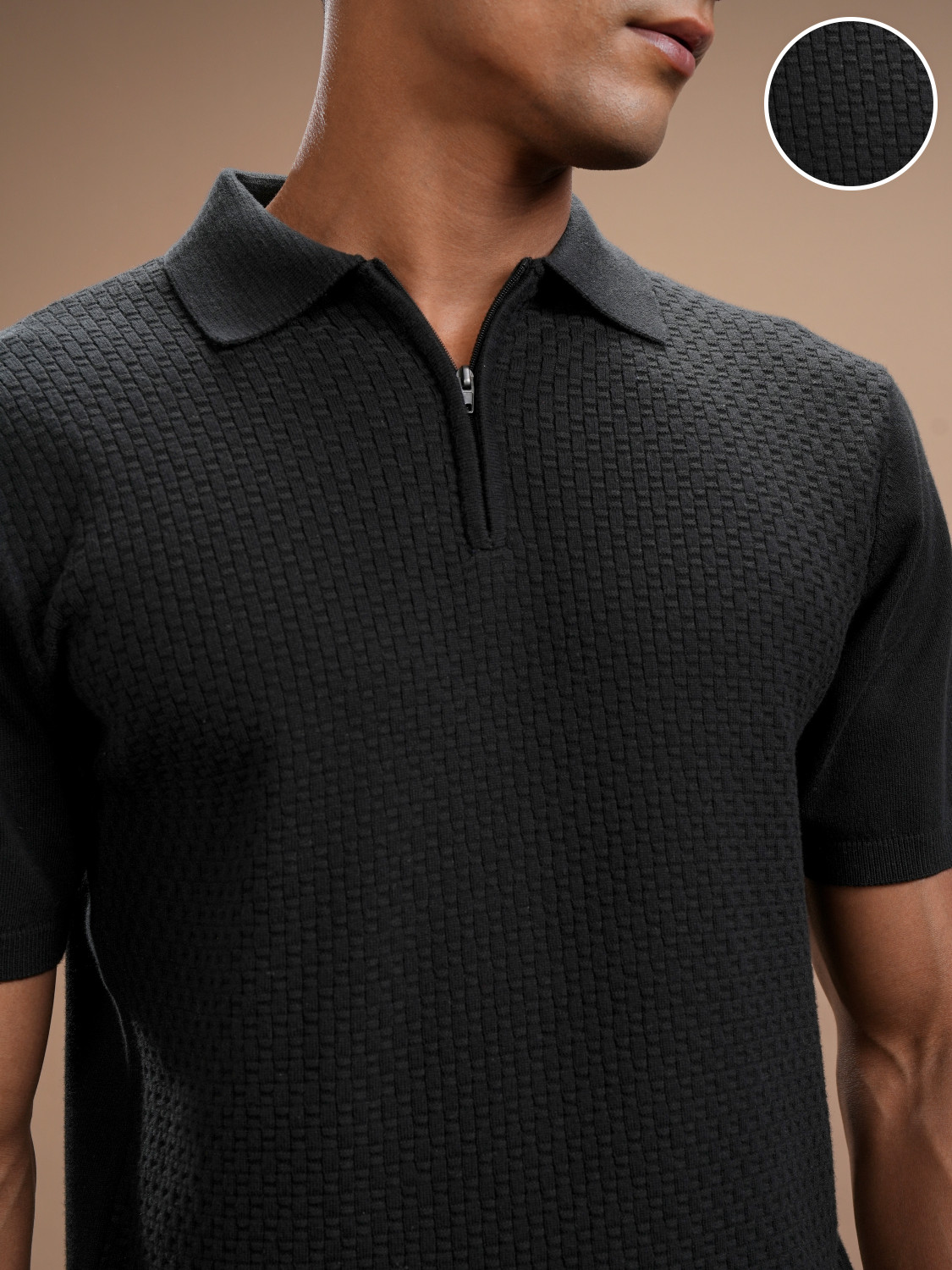 Image of HIGHLANDER Self Design Men Polo Neck Black T-Shirt