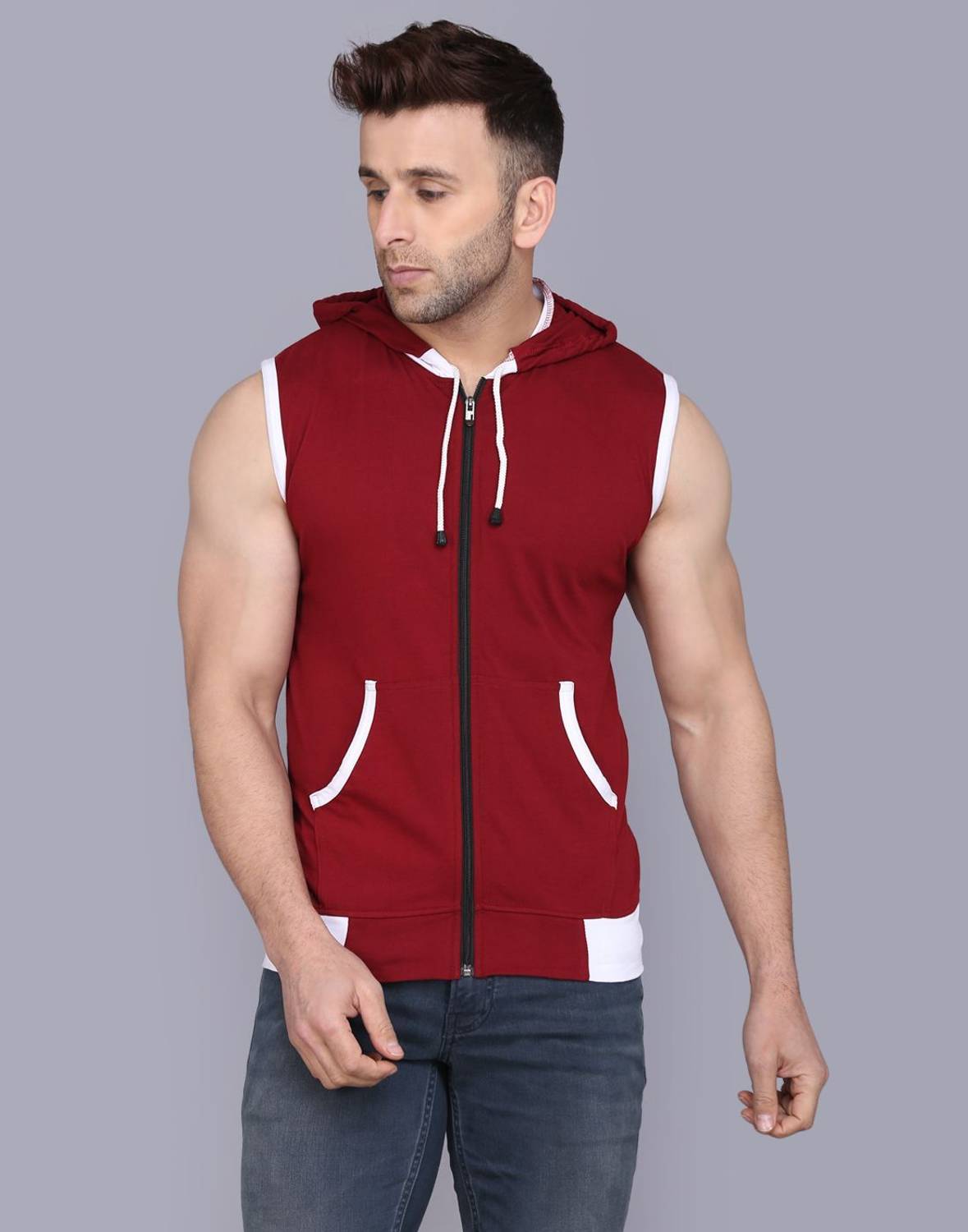 ELABOT Men Solid Hooded Neck Cotton Blend White, Maroon T-Shirt