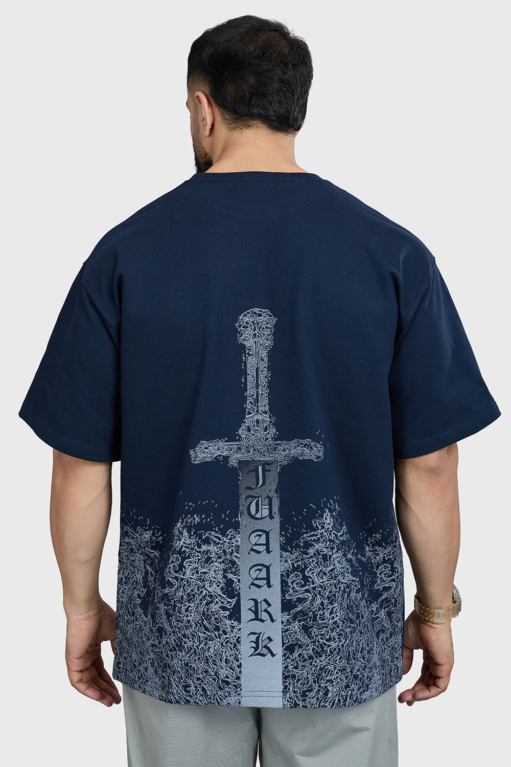 Men Solid Round Neck Pure Cotton Navy Blue T-Shirt - Image 2