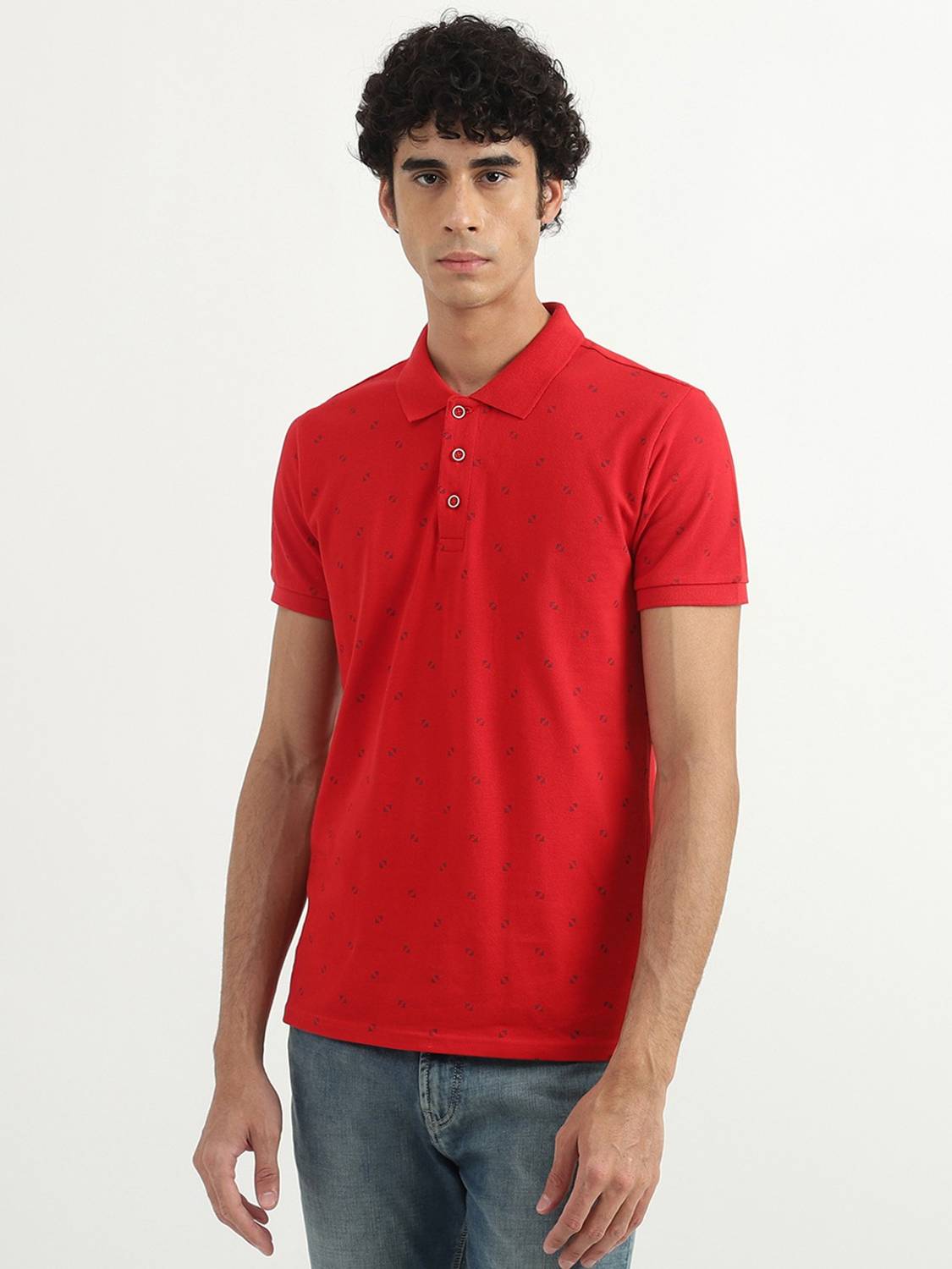 United Colors of Benetton Men Printed Polo Neck Pure Cotton Red T