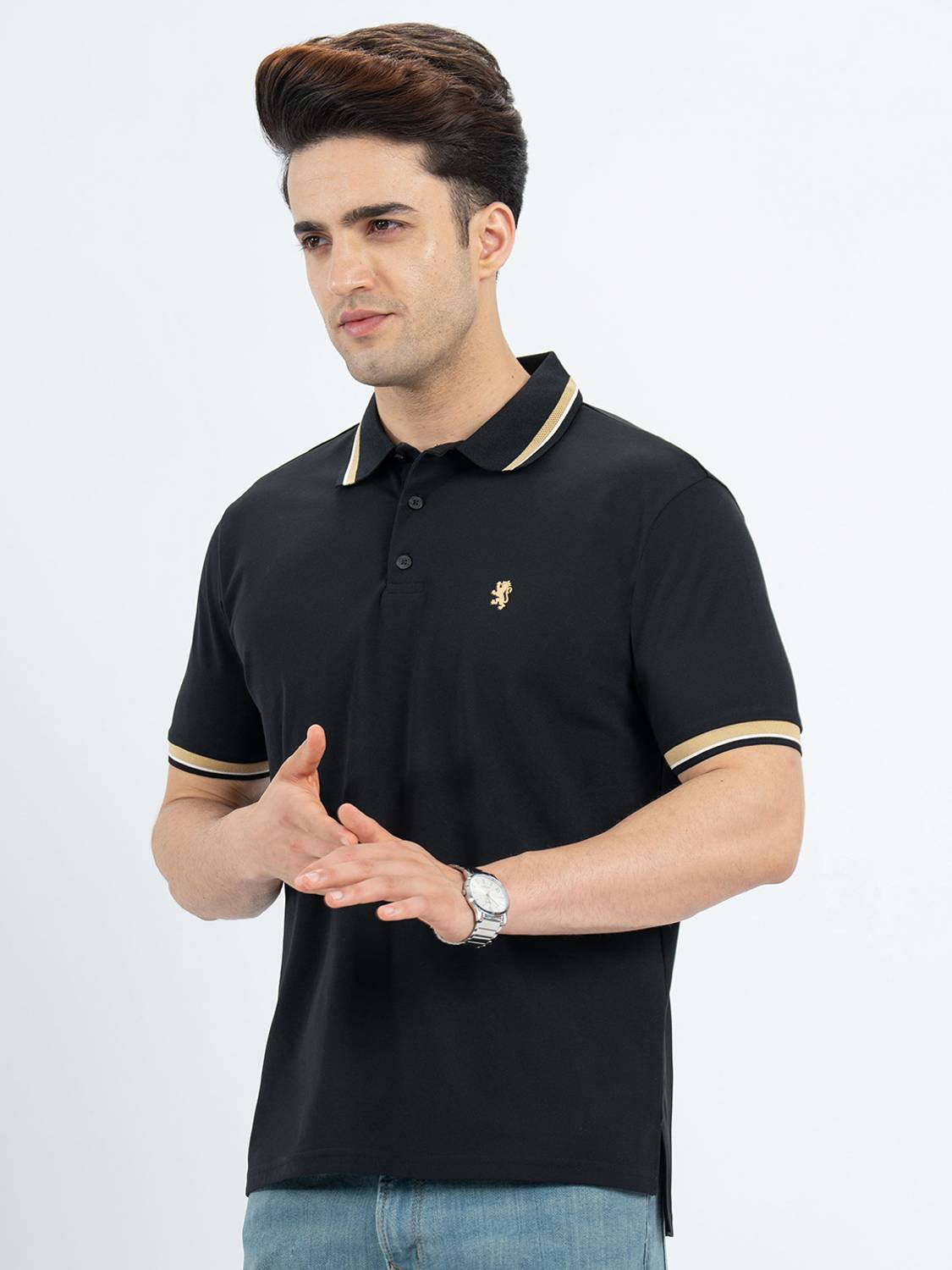 RED TAPE Embroidered Men Polo Neck Black T-Shirt - Image 2