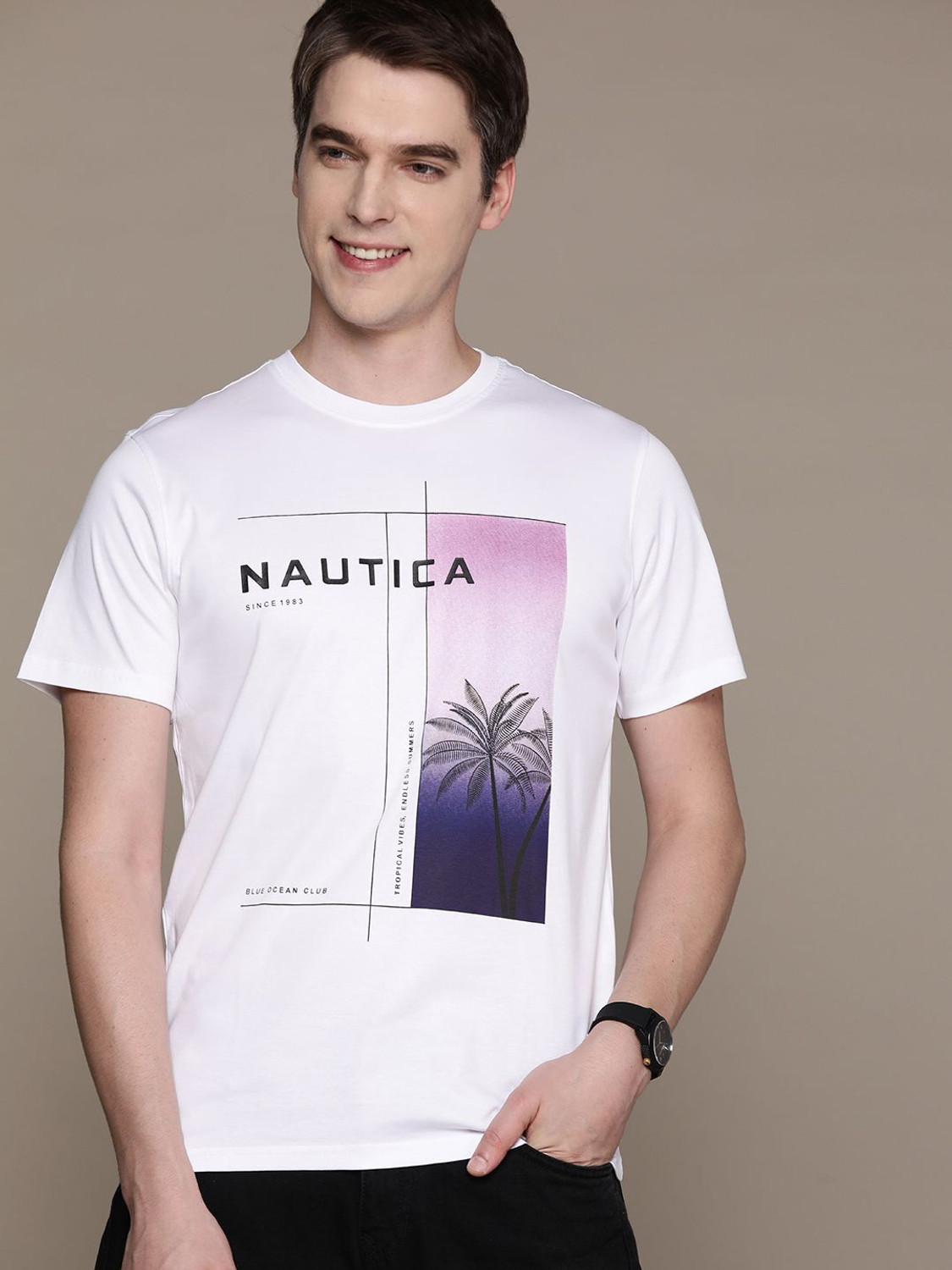 Image of NAUTICA Printed Men Round Neck White T-Shirt