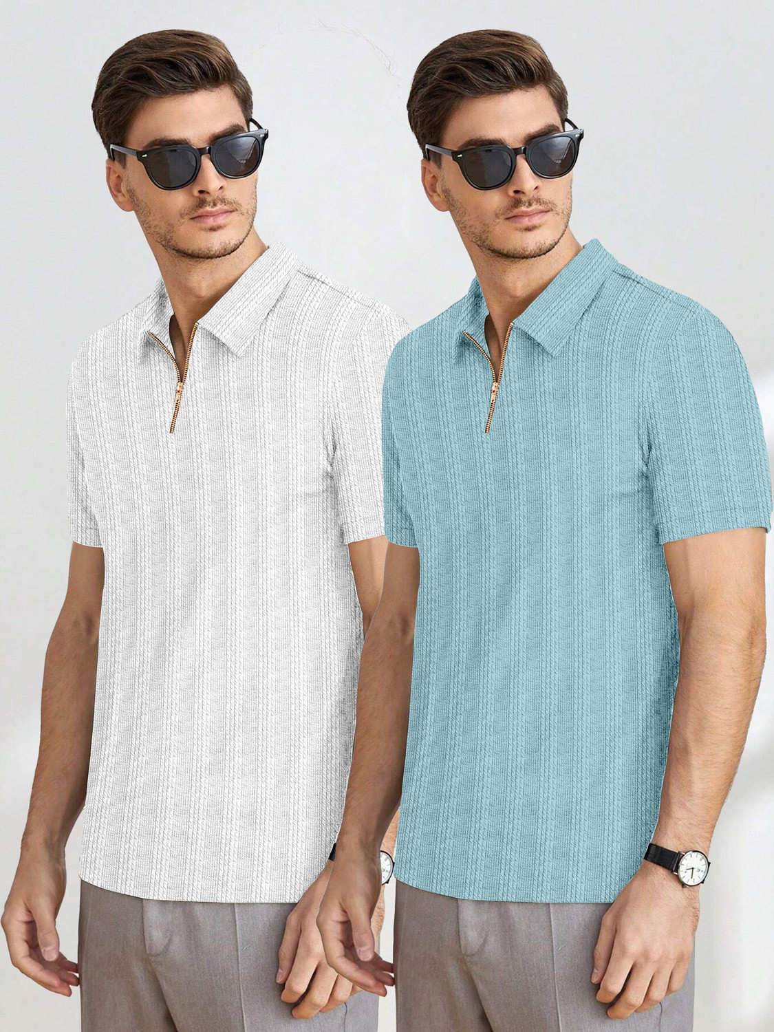 Image of COMBRAIDED Striped Men Zip Neck White, Blue T-Shirt