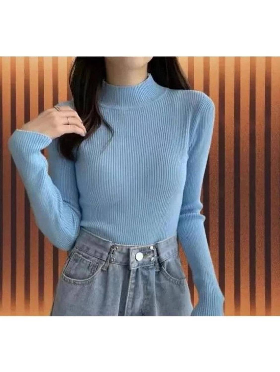 BNK Solid Women High Neck Light Blue T-Shirt