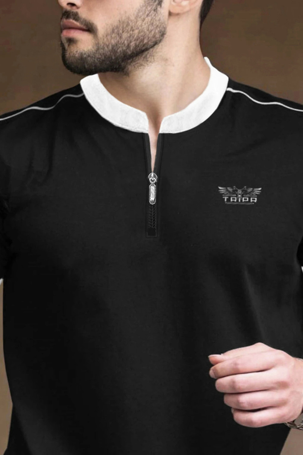 Image of TRIPR Solid Men Mandarin Collar Black, White T-Shirt