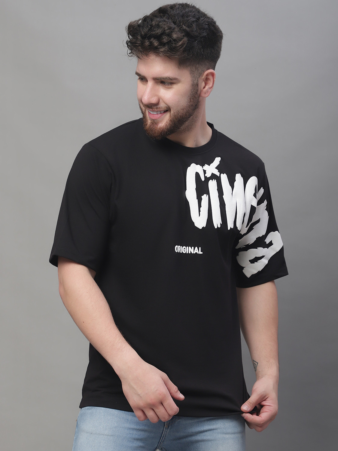 Image of DOOR74 Printed Men Round Neck Black T-Shirt