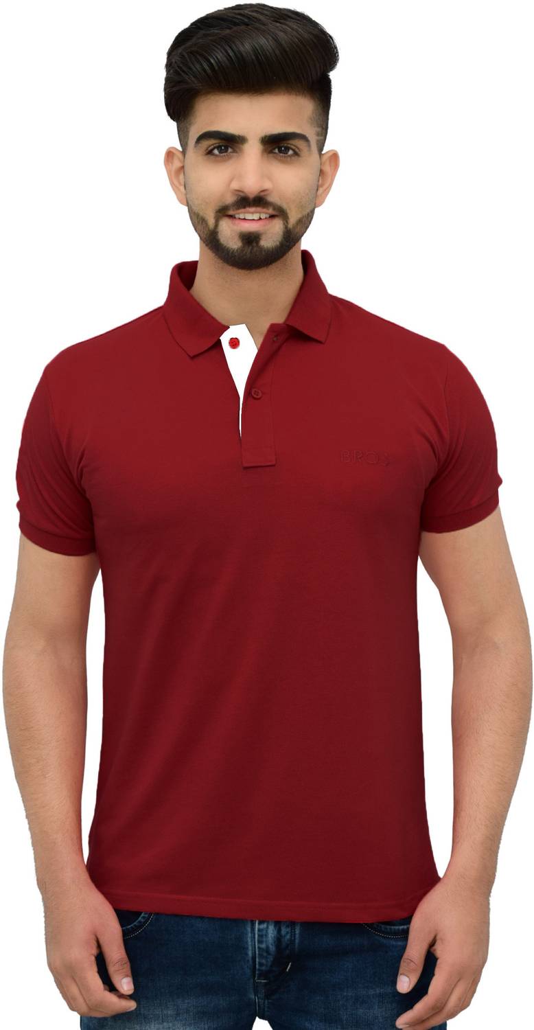 3BROS Men Solid Polo Neck Cotton Blend Red T-Shirt