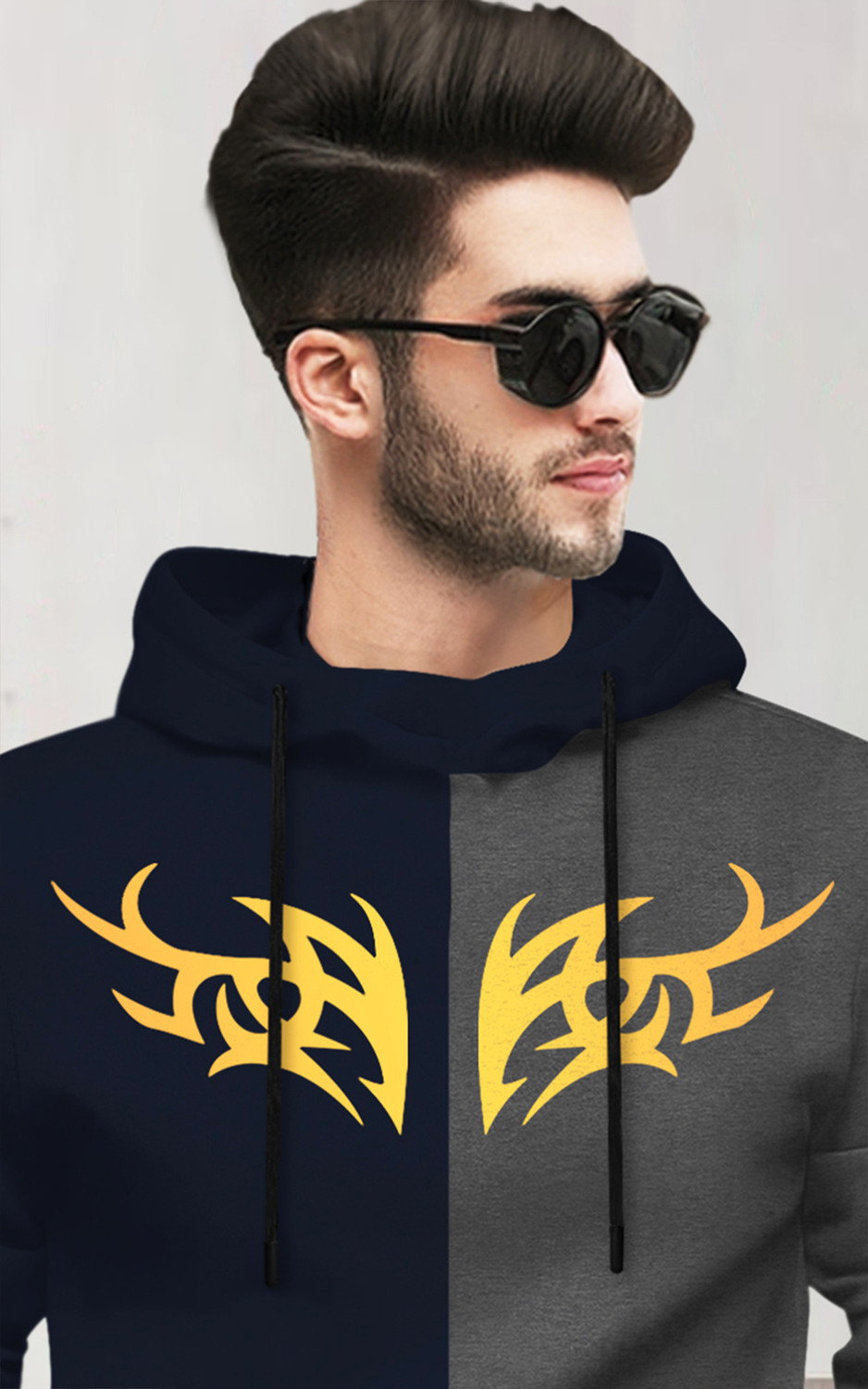 Image of BLIVE Printed Men Hooded Neck Navy Blue, Grey T-Shirt
