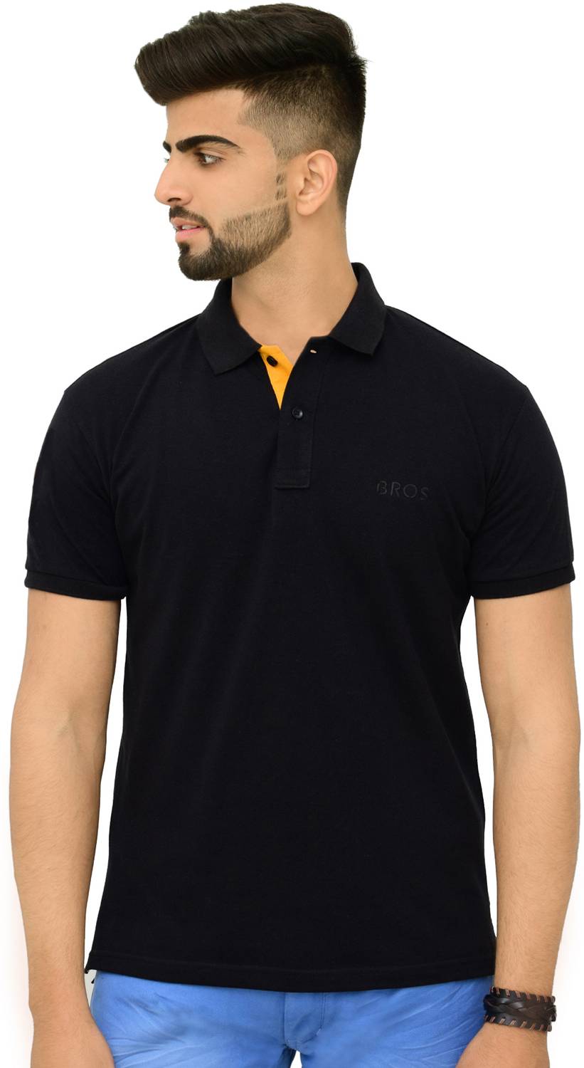 3BROS Men Solid Polo Neck Cotton Blend (220 gsm) Black T-Shirt
