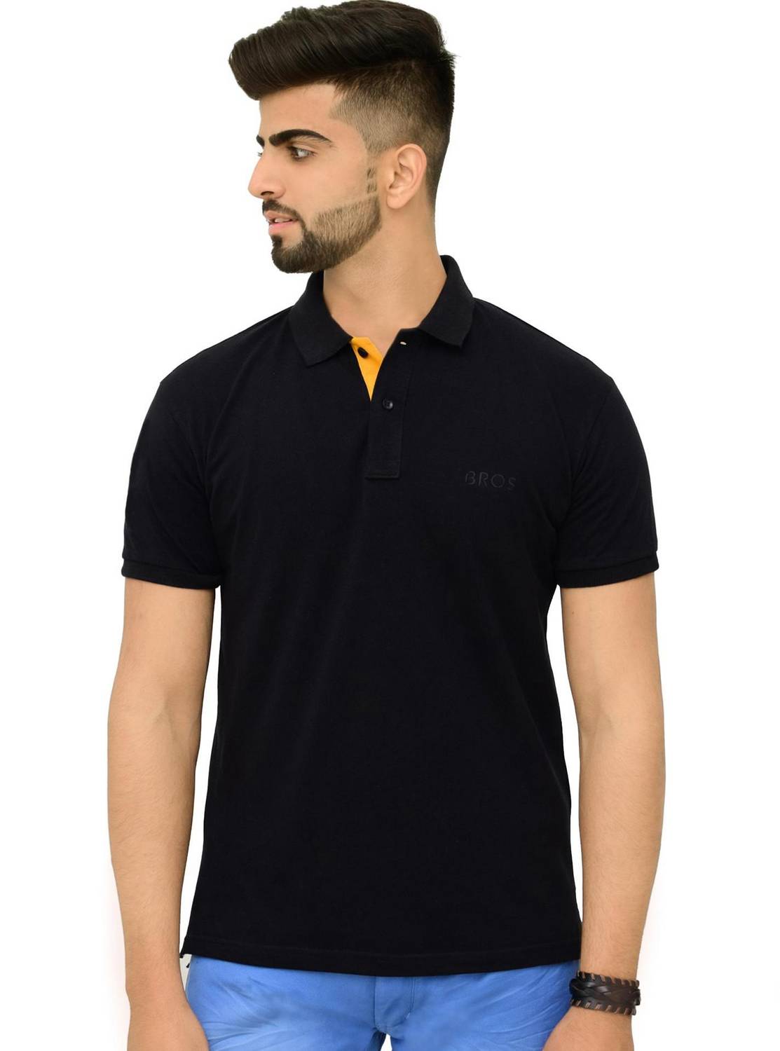 3BROS Solid Men Polo Neck Black T-Shirt