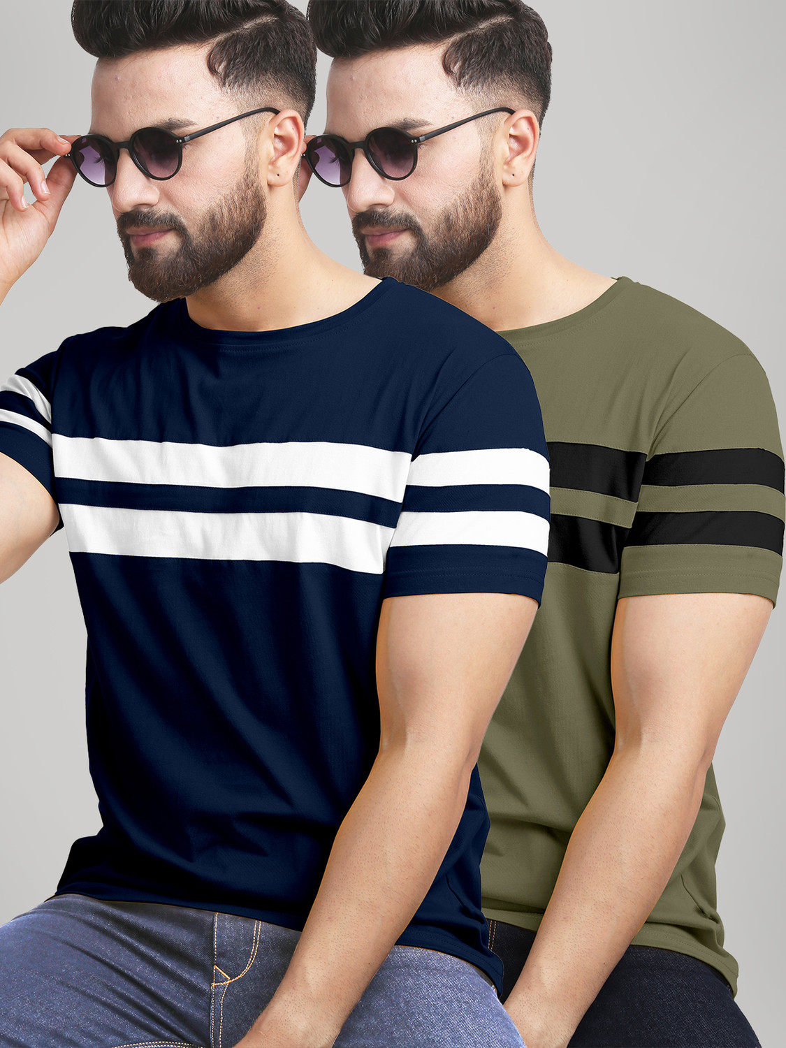 Image of AUSK Striped Men Round Neck Navy Blue, Dark Green T-Shirt