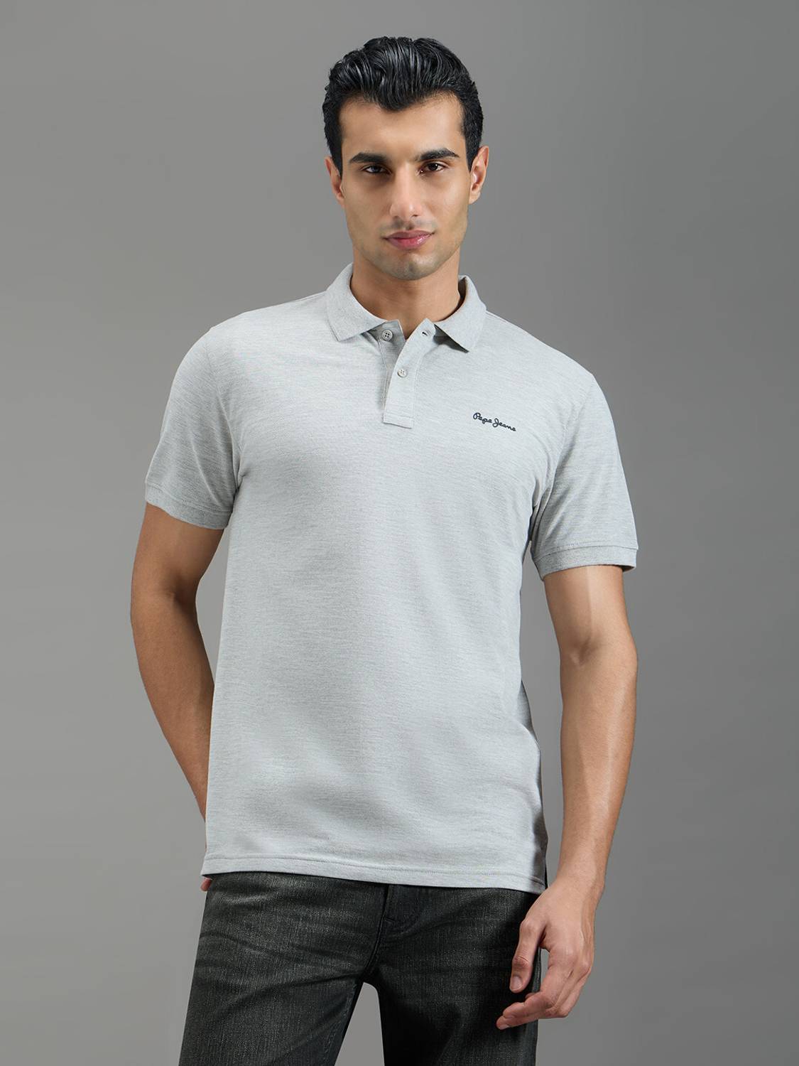Men Solid Polo Neck Polycotton Grey T-Shirt - Image 2