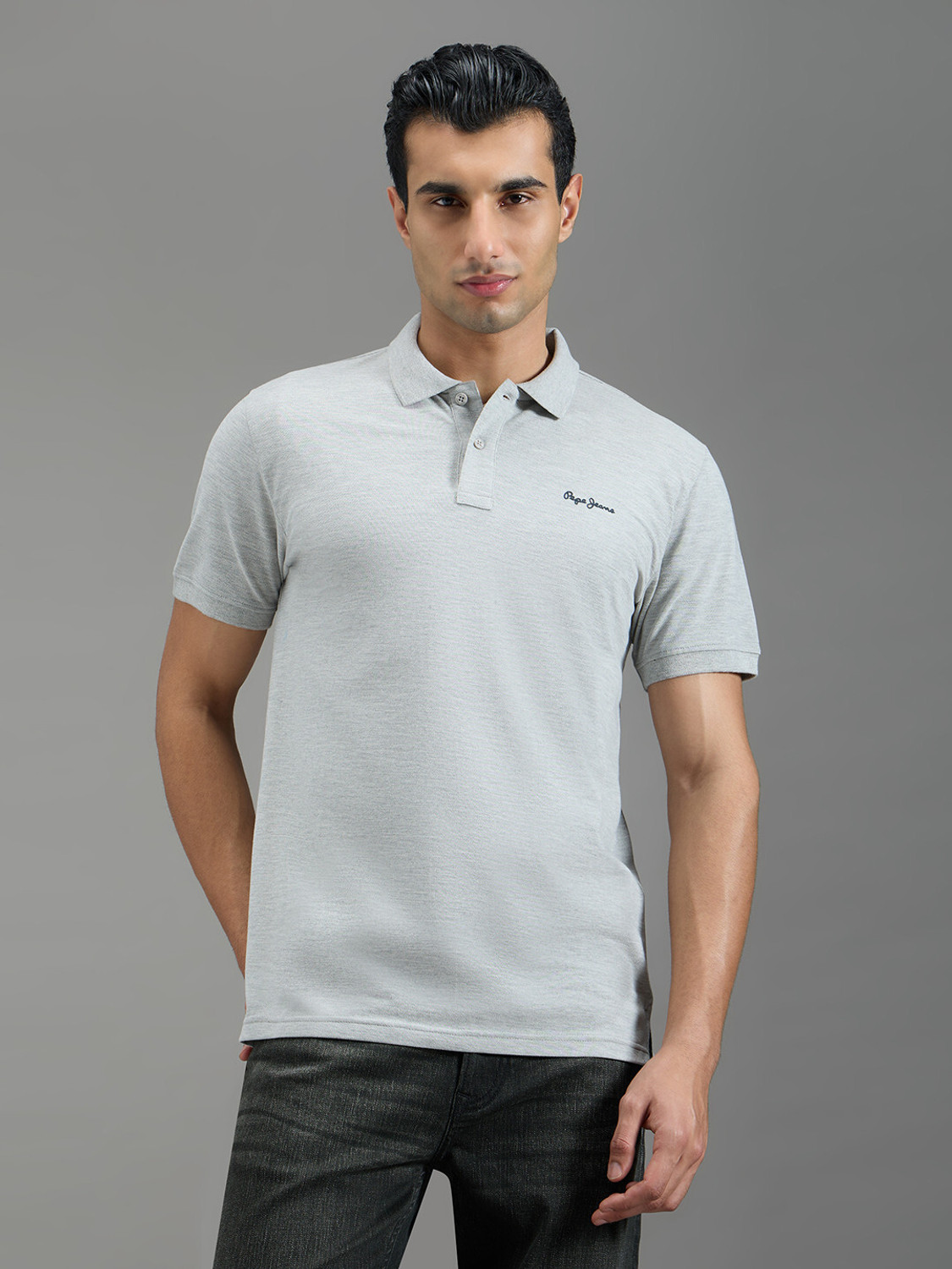 Image of Pepe Jeans Self Design Men Polo Neck Grey T-Shirt