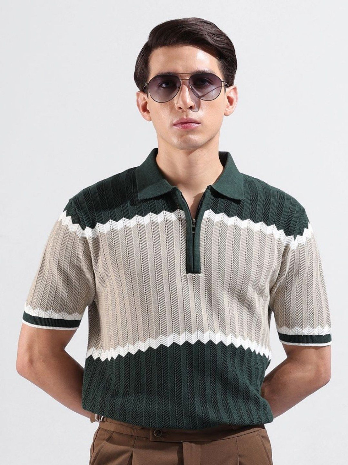 Image of The Indian Garage Co. Self Design Men Polo Neck Green T-Shirt