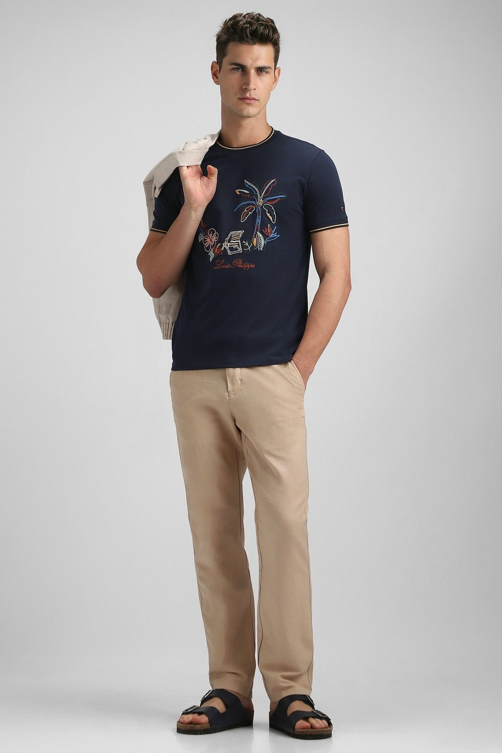 Image of LOUIS PHILIPPE Embroidered Men Crew Neck Dark Blue T-Shirt