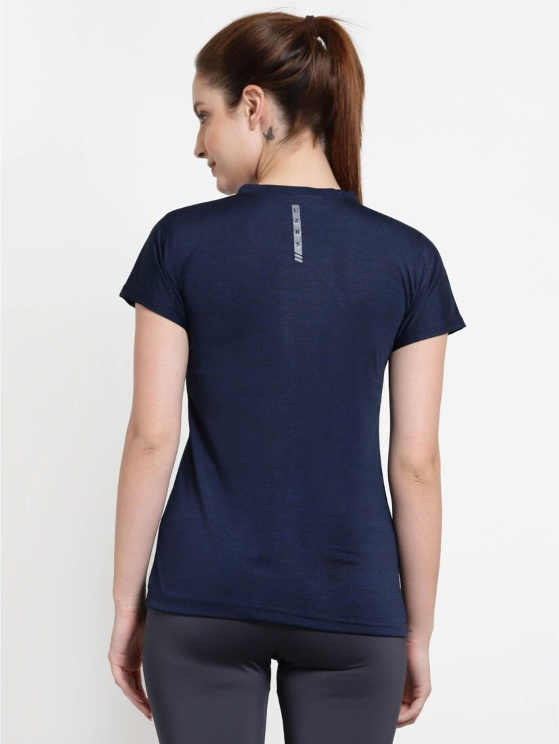 Image of UZARUS Solid Women Mandarin Collar Dark Blue T-Shirt