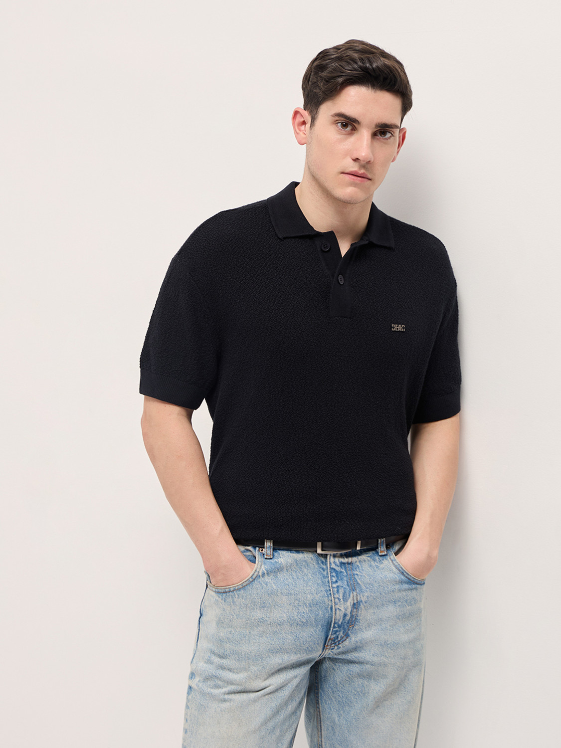 Image of THE BEAR HOUSE Solid Men Polo Neck Black T-Shirt