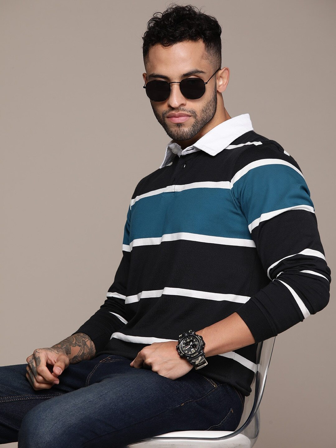 Image of Roadster Striped Men Polo Neck Blue T-Shirt