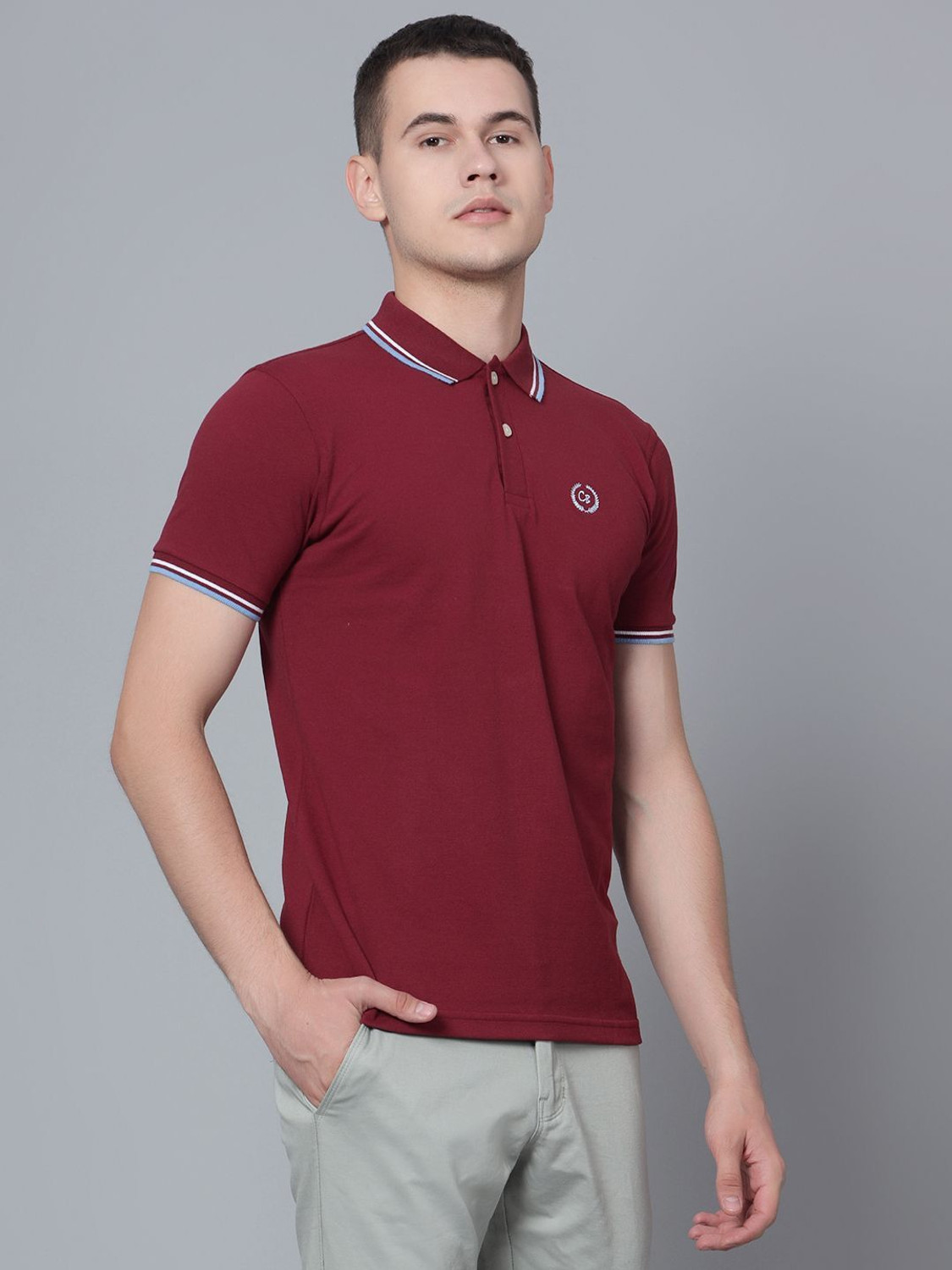 Image of CANTABIL Solid Men Polo Neck Maroon T-Shirt