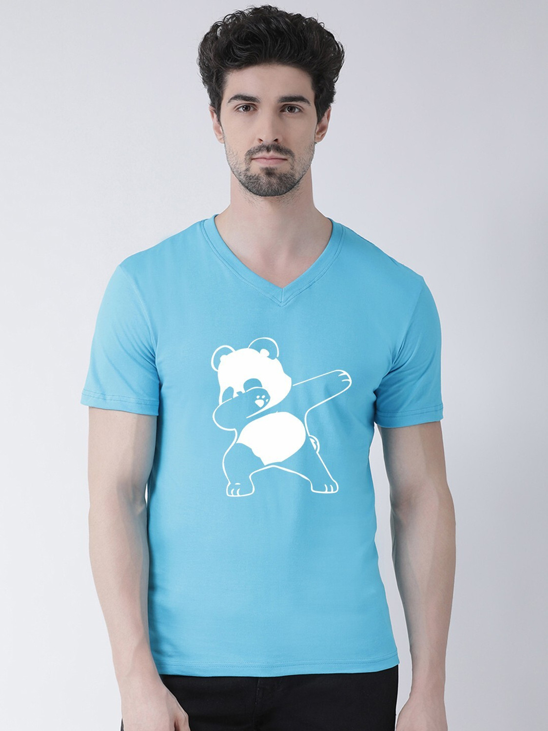 Image of FRISKERS Printed Men V Neck Light Blue T-Shirt