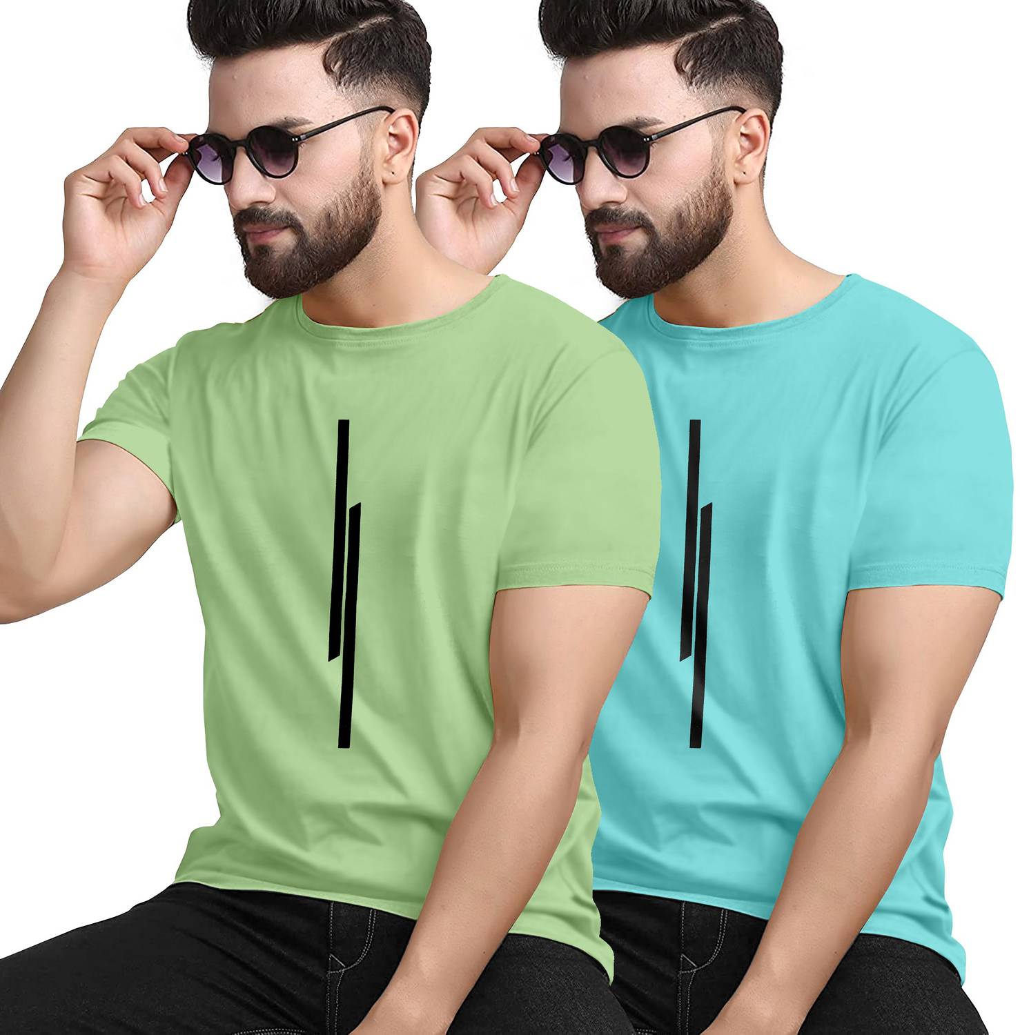 KAJARU Pack of 2 Men Striped Round Neck Polyester Green, Blue T-S