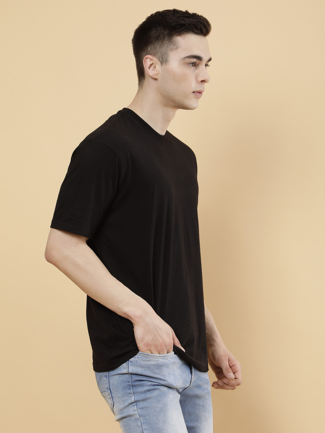 Image of PockMAN Solid Men Round Neck Black T-Shirt