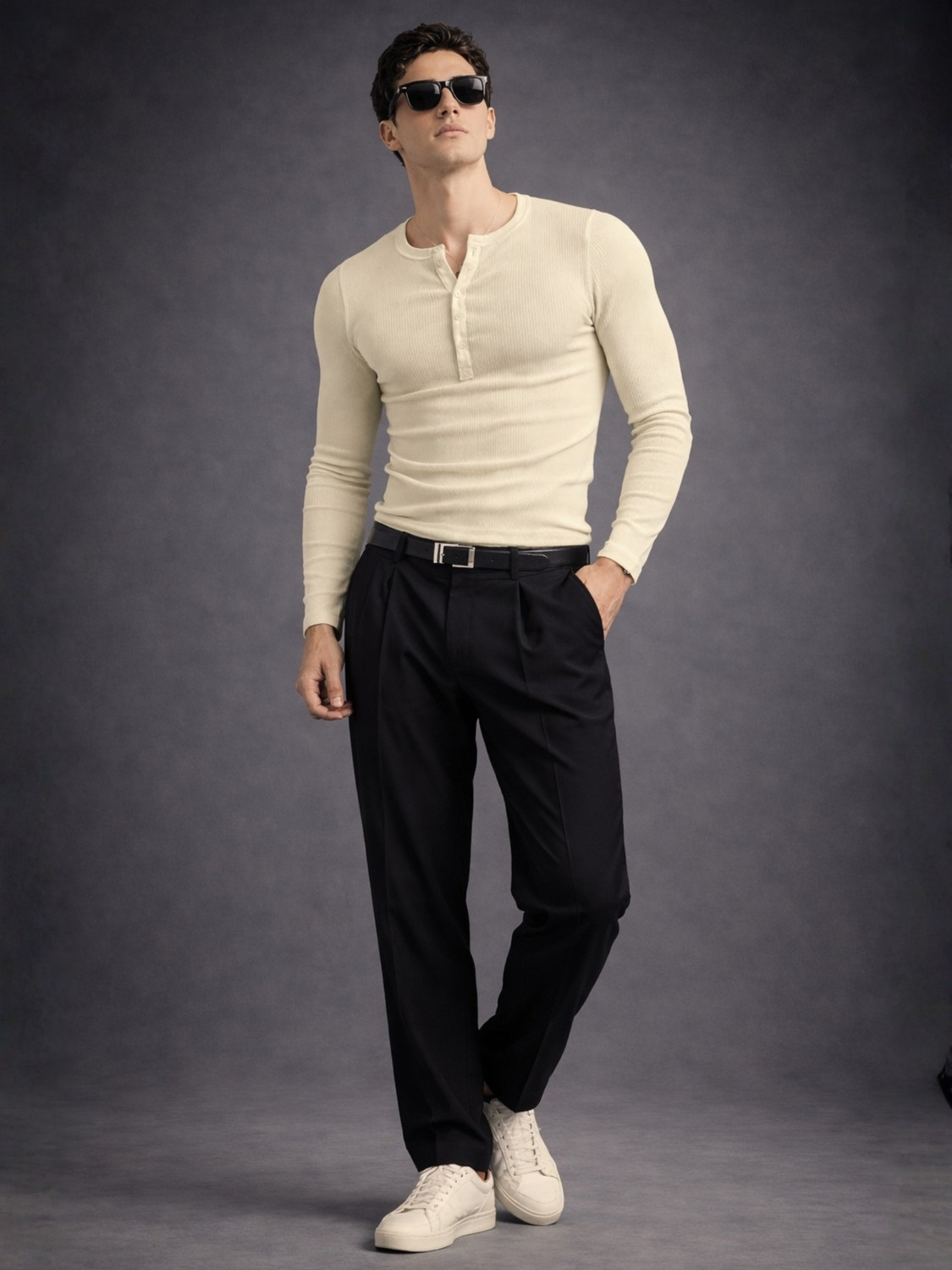 Image of MANIAC Solid Men Henley Neck Beige T-Shirt