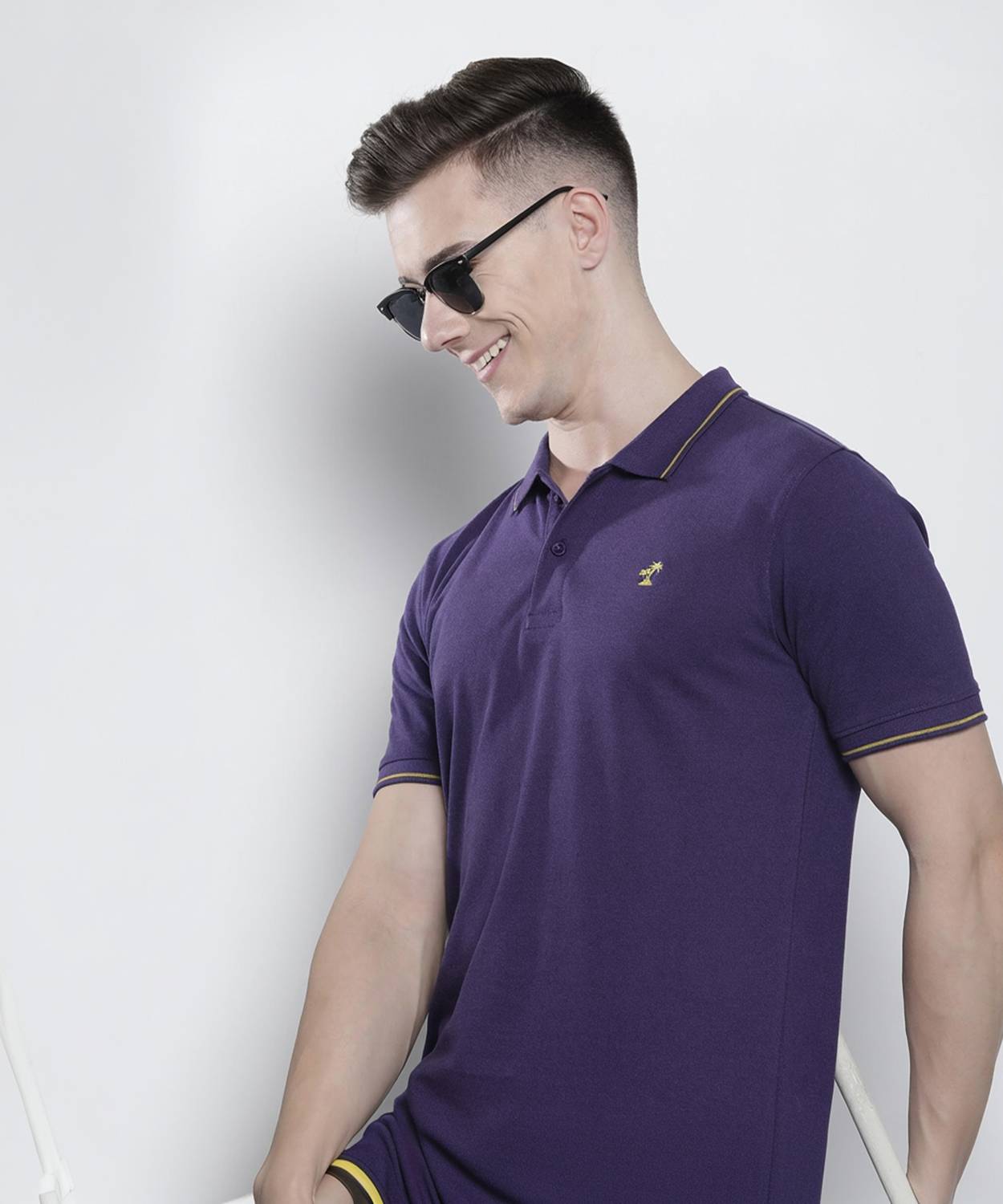 The Indian Garage Co. Men Solid Polo Neck Cotton Blend Purple T-S