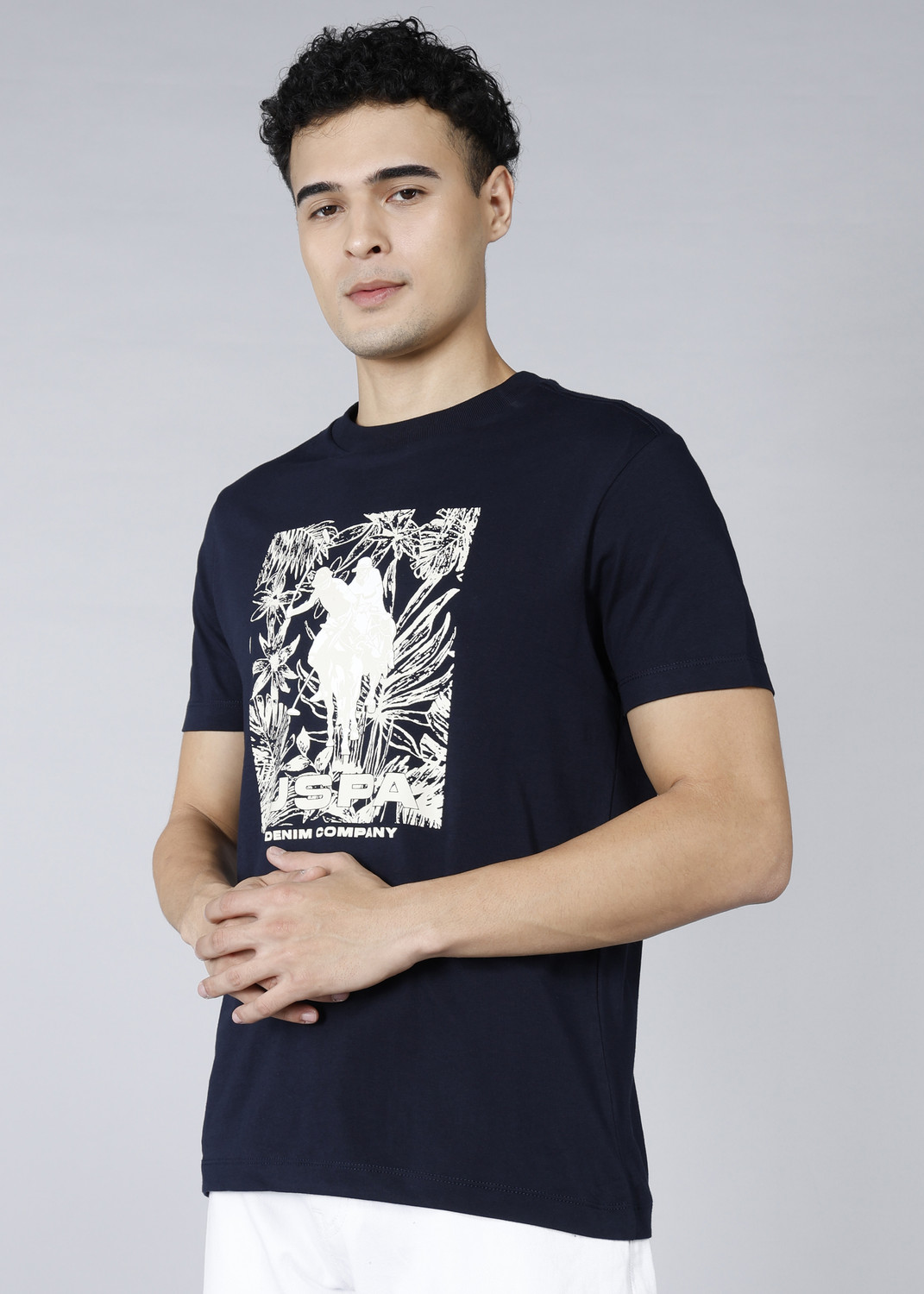 Image of U.S. Polo Assn. Denim Co. Men Graphic Print Round Neck Pure Cotton Blue T-Shirt