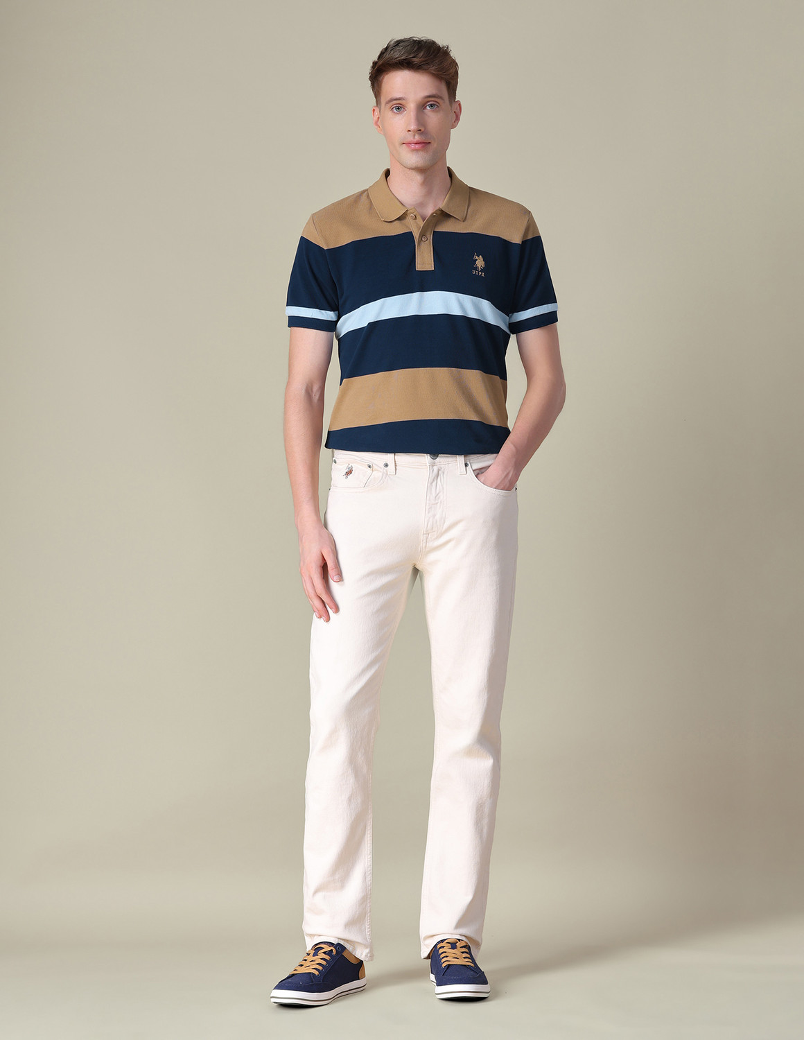 Image of U.S. POLO ASSN. Self Design Men Polo Neck Beige T-Shirt