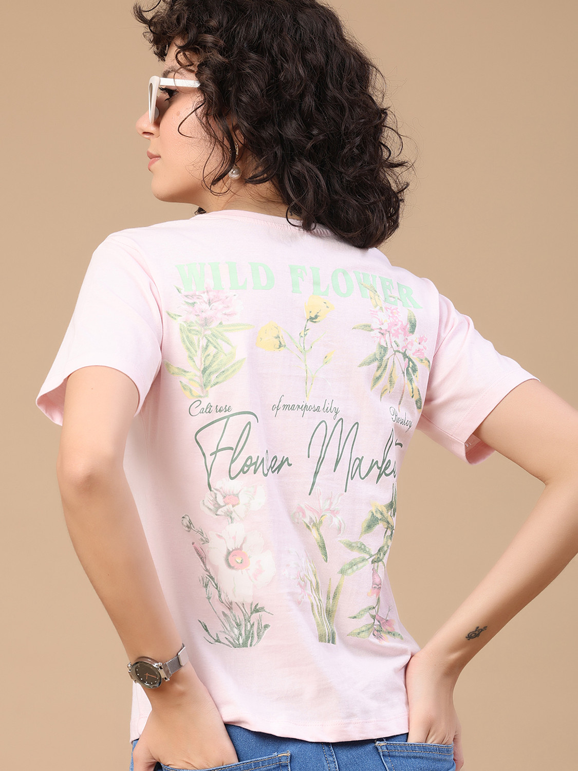 Image of V-MART Printed Women Round Neck Pink T-Shirt
