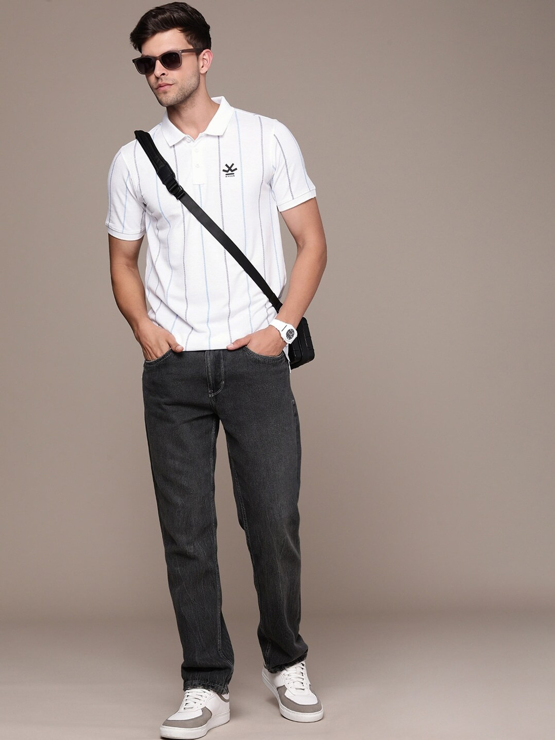 Image of WROGN Striped Men Polo Neck White T-Shirt