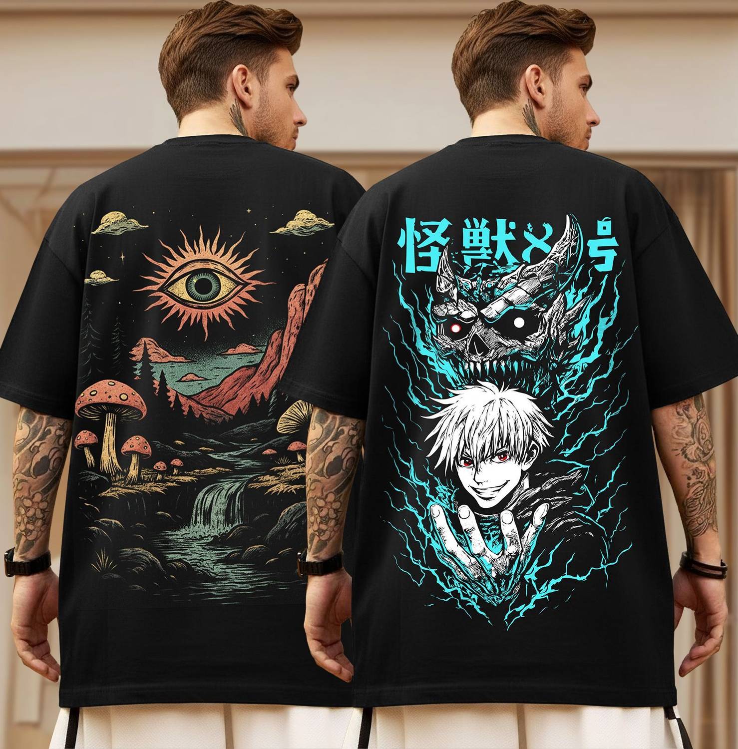 TRIPR Pack of 2 Men Graphic Print Round Neck Cotton Blend Black T