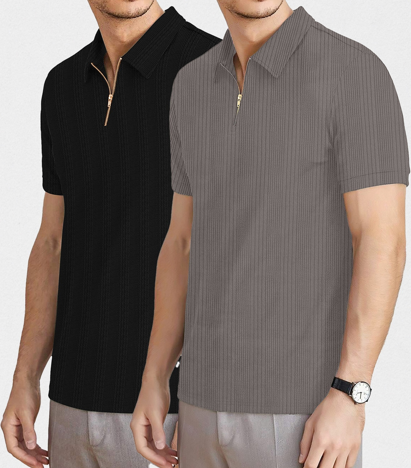 Image of KAJARU Self Design Men Zip Neck Black, Grey T-Shirt