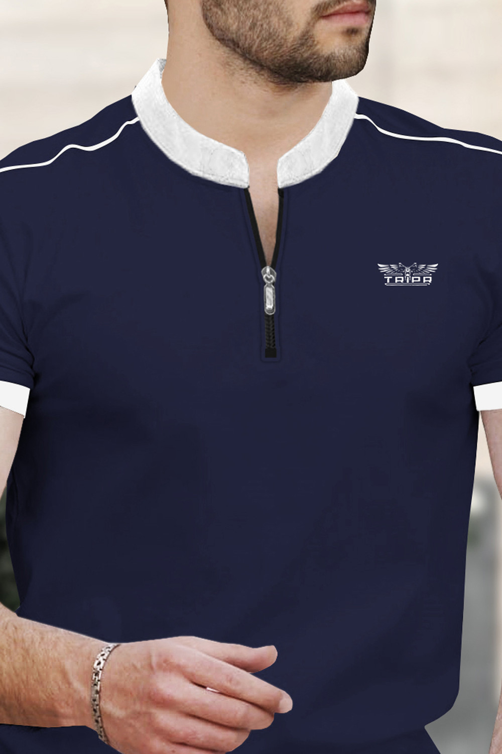 Image of TRIPR Solid Men Mandarin Collar Navy Blue T-Shirt